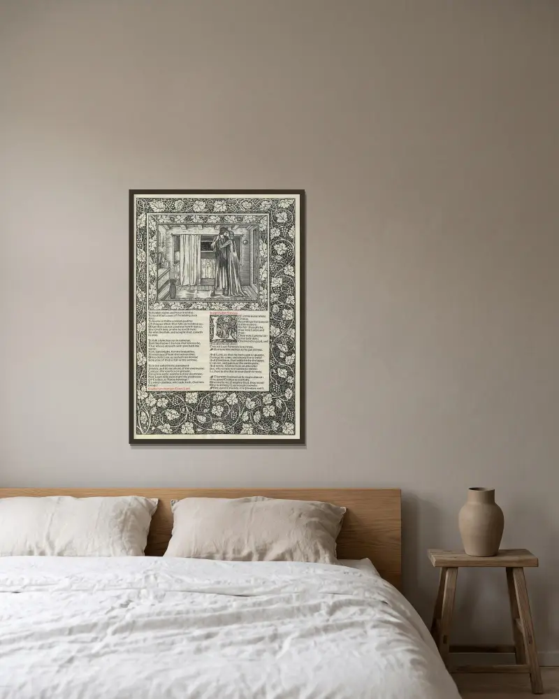 The works of Geoffrey Chaucer Pl.83 av Sir Edward Coley Burne-Jones inramad på en vägg