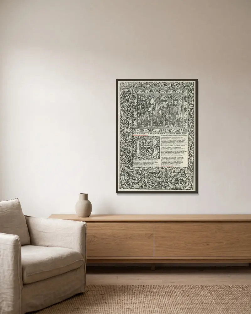 The works of Geoffrey Chaucer Pl.84 av Sir Edward Coley Burne-Jones inramad på en vägg