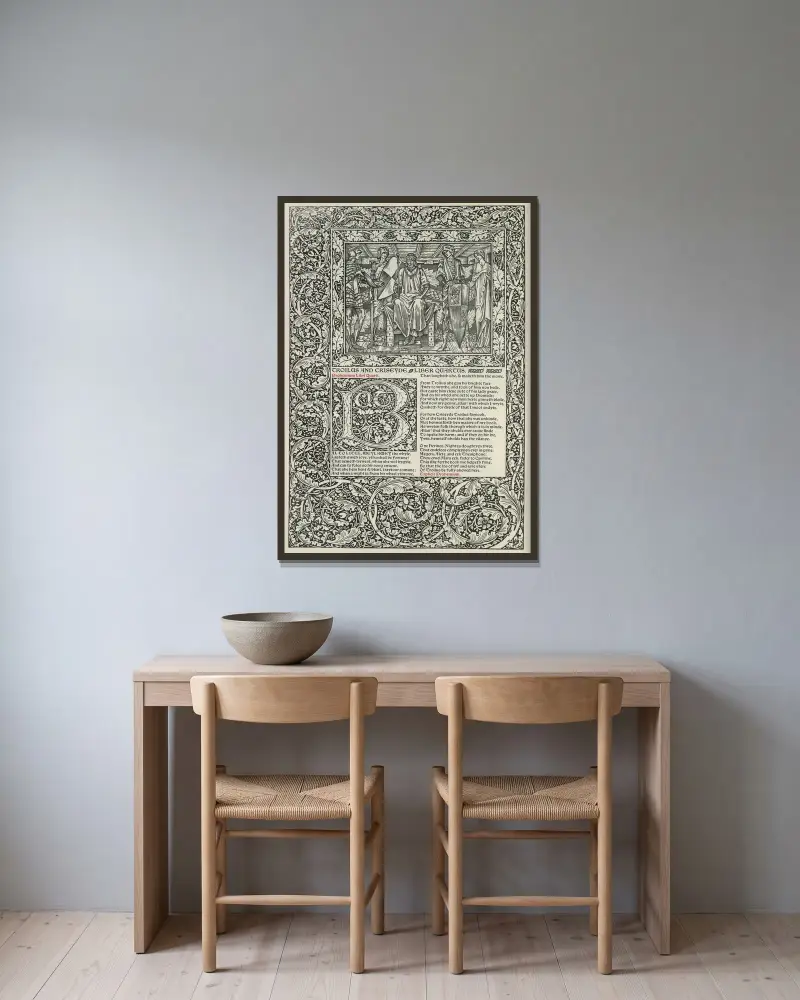 The works of Geoffrey Chaucer Pl.84 av Sir Edward Coley Burne-Jones inramad på en vägg
