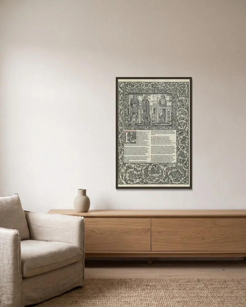 The works of Geoffrey Chaucer Pl.85 av Sir Edward Coley Burne-Jones inramad på en vägg