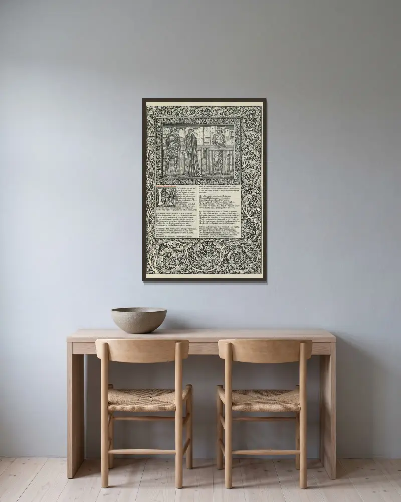 The works of Geoffrey Chaucer Pl.85 av Sir Edward Coley Burne-Jones inramad på en vägg