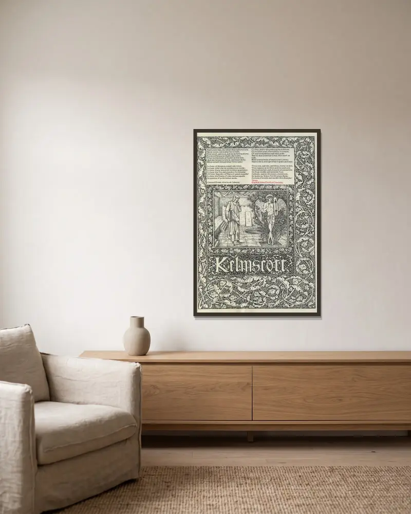 The works of Geoffrey Chaucer Pl.88 av Sir Edward Coley Burne-Jones inramad på en vägg
