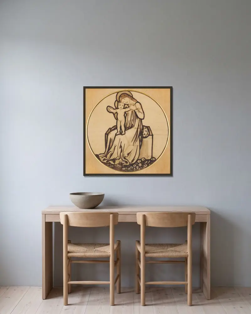 Jungfrau und Kind von Sir Edward Coley Burne-Jones gerahmt an einer Wand