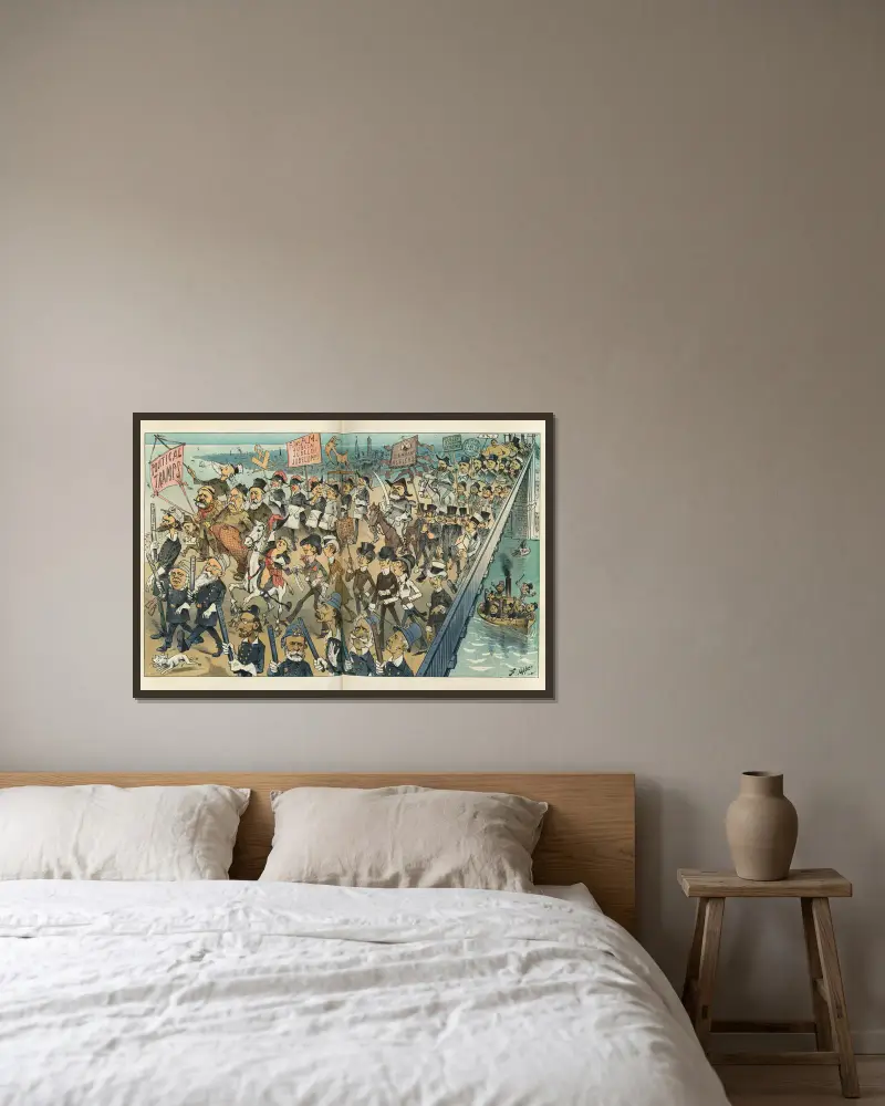 The grand opening march over the Brooklyn Bridge av Frederick Burr Opper inramad på en vägg