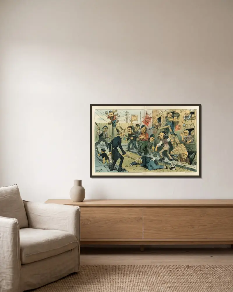 The new policeman on the beat – the monopoly gang defies him! av Frederick Burr Opper inramad på en vägg