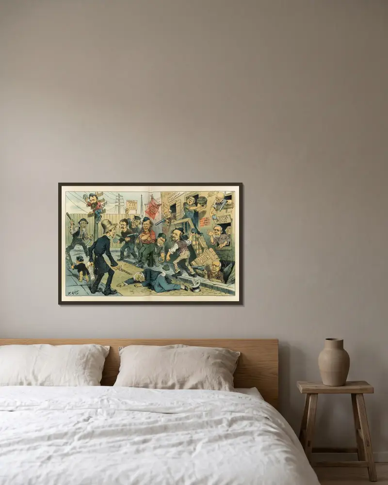 The new policeman on the beat – the monopoly gang defies him! av Frederick Burr Opper inramad på en vägg