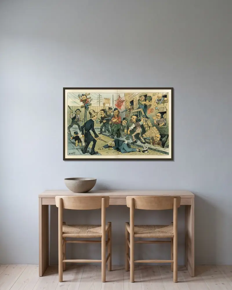 The new policeman on the beat – the monopoly gang defies him! av Frederick Burr Opper inramad på en vägg
