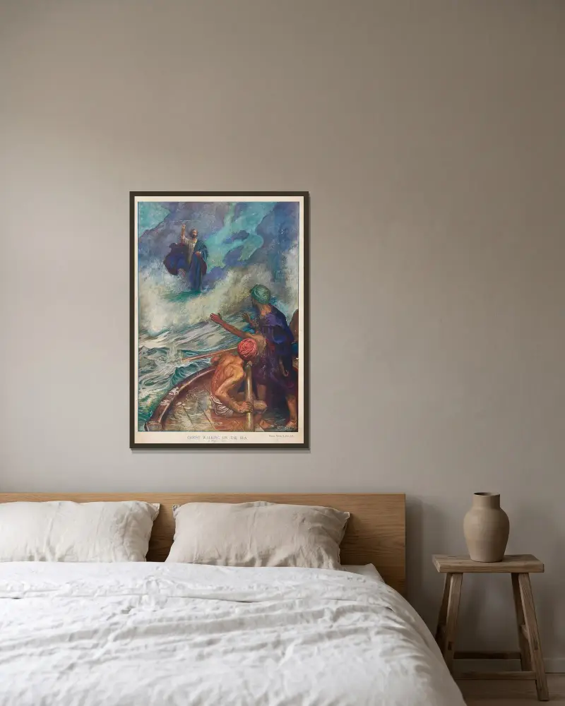 Kristus gående på havet av Byam Shaw inramad på en vägg