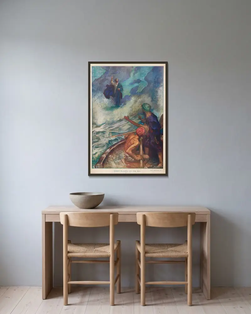 Kristus gående på havet av Byam Shaw inramad på en vägg