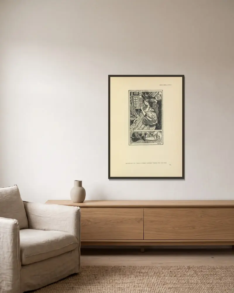 Illustration till dikter av Robert Browning av Byam Shaw inramad på en vägg