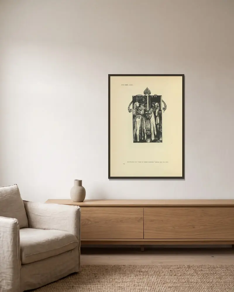 Illustration till dikter av Robert Browning av Byam Shaw inramad på en vägg