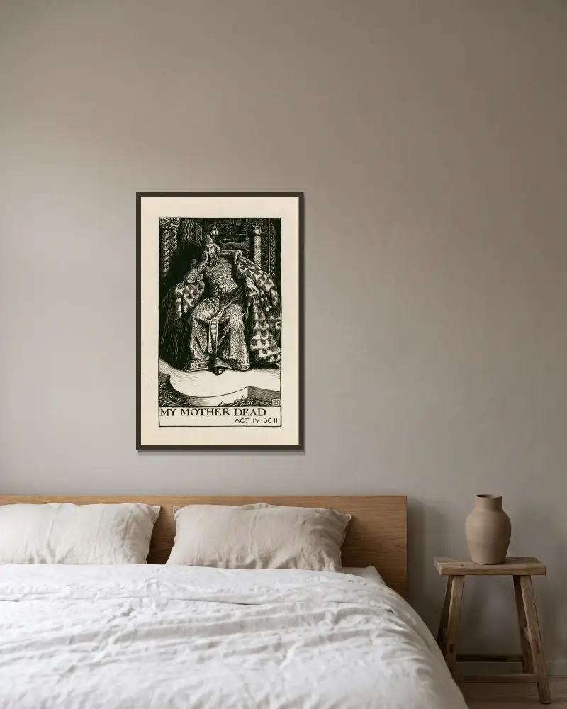Kung Johan; Min mor är död, akt IV scen II av Byam Shaw inramad på en vägg