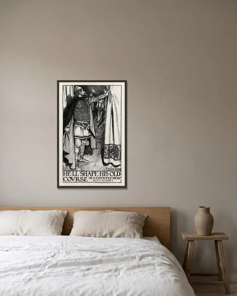 Kung Lear; Han ska forma sin gamla bana i ett nytt land, akt I scen I av Byam Shaw inramad på en vägg