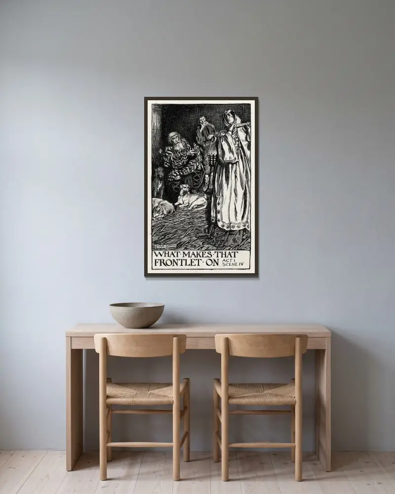 Kung Lear; Vad betyder det där pannbandet, akt I scen IV av Byam Shaw inramad på en vägg