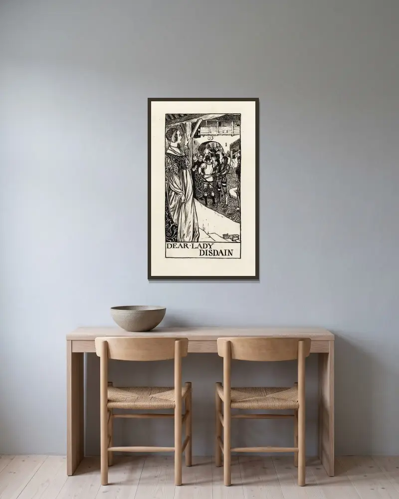 Mycket väsen för ingenting; Kära lady Disdain akt I scen I av Byam Shaw inramad på en vägg