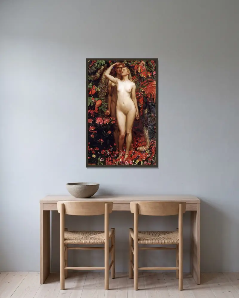Kvinnan, mannen och ormen av Byam Shaw inramad på en vägg