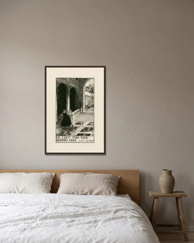 Was ihr wollt; Er ließ diesen Ring zurück, Akt I, Szene V von Byam Shaw gerahmt an einer Wand