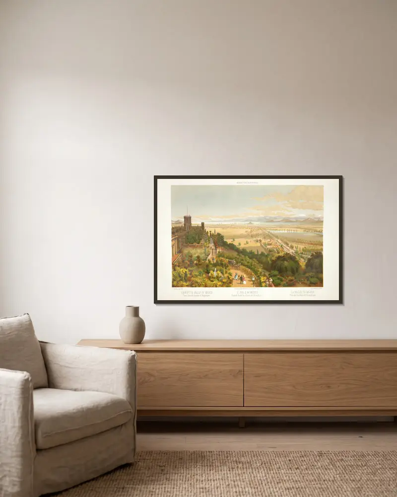 Blick auf das Tal von Mexiko, von den Höhen von Chapultepec aus gesehen von C. Castro gerahmt an einer Wand