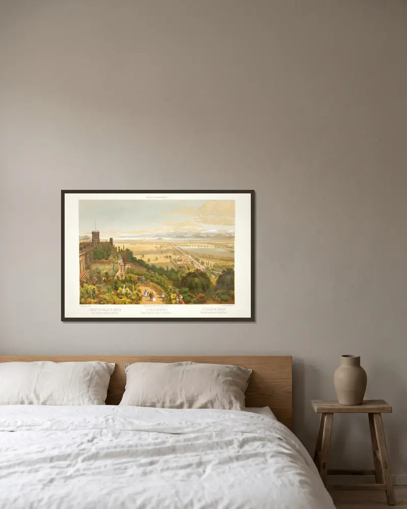 Blick auf das Tal von Mexiko, von den Höhen von Chapultepec aus gesehen von C. Castro gerahmt an einer Wand