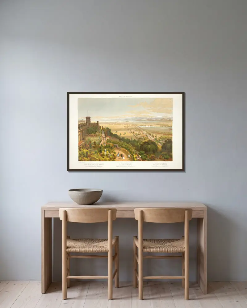 Blick auf das Tal von Mexiko, von den Höhen von Chapultepec aus gesehen von C. Castro gerahmt an einer Wand