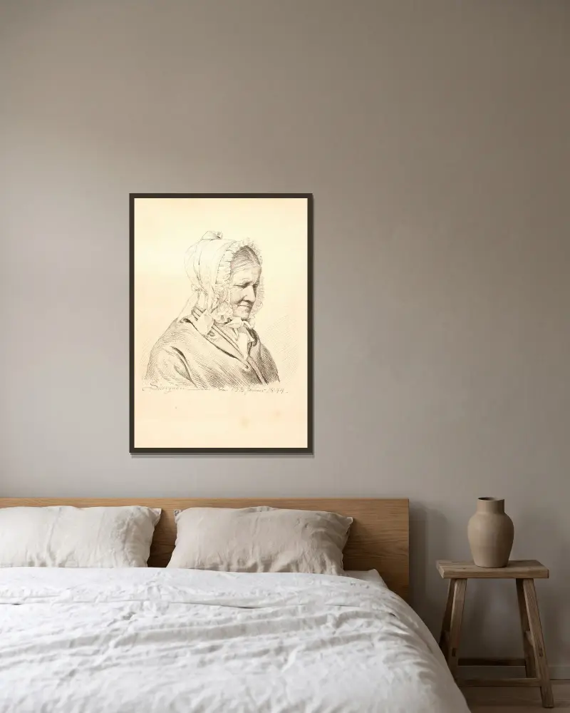 Fru Anneken Marie von Würden f Sponum, HE Freunds svigermor av P. C. Skovgaard inramad på en vägg