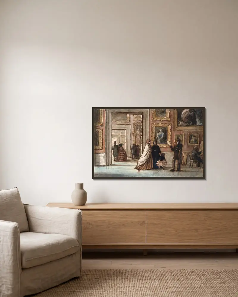 Interiör med besökande i Palazzo Pitti i Florens av P. C. Skovgaard inramad på en vägg