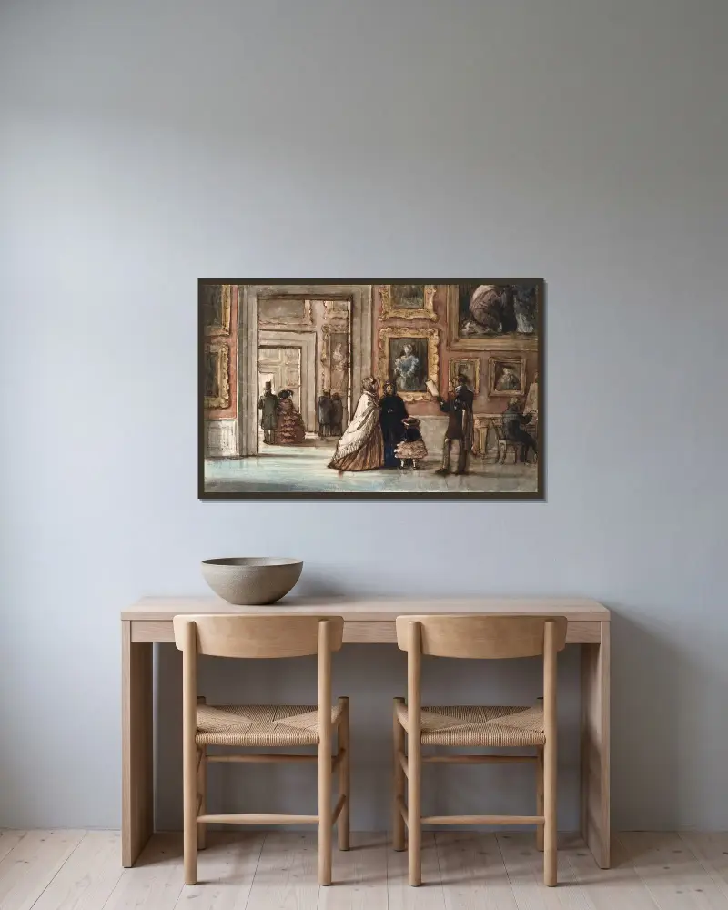 Interiör med besökande i Palazzo Pitti i Florens av P. C. Skovgaard inramad på en vägg