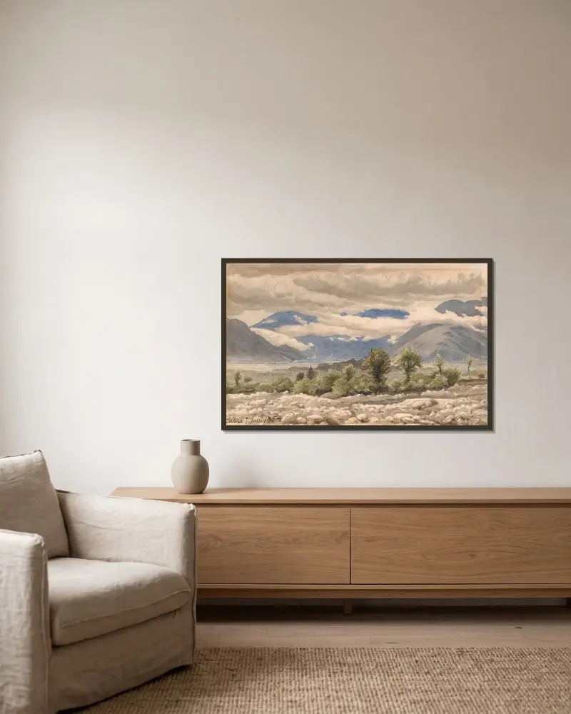 Italienskt bergslandskap i mulet väder av P. C. Skovgaard inramad på en vägg