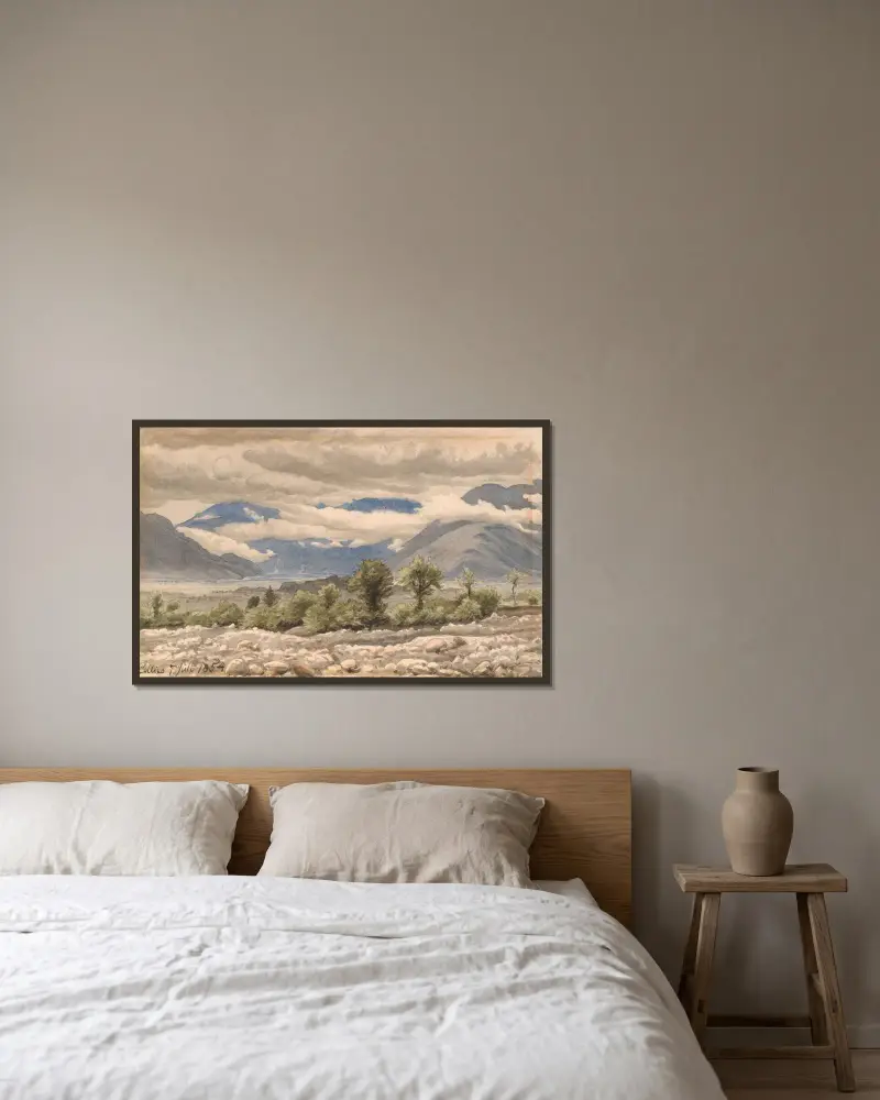 Italienskt bergslandskap i mulet väder av P. C. Skovgaard inramad på en vägg