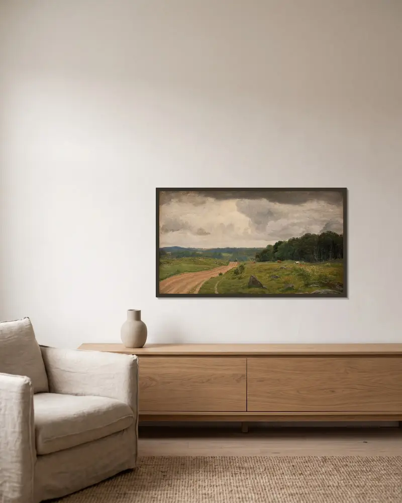 Landschaft bei Kongens Møller, Seeland. Nachmittagslicht von P. C. Skovgaard gerahmt an einer Wand