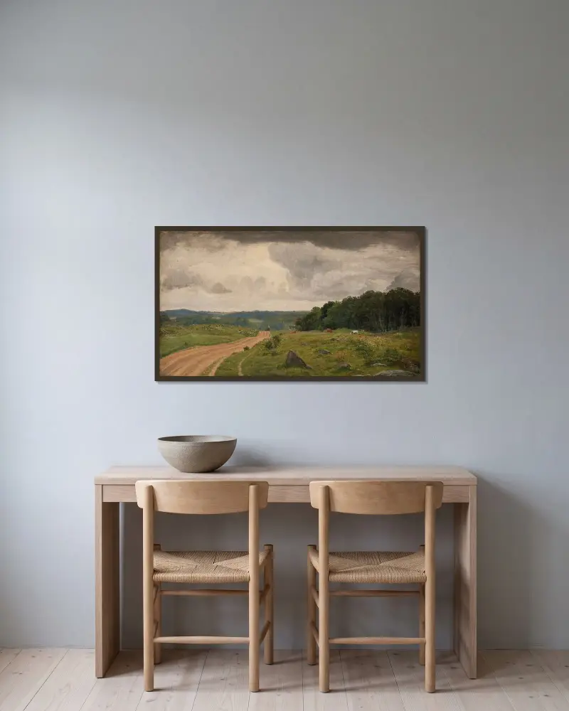 Landschaft bei Kongens Møller, Seeland. Nachmittagslicht von P. C. Skovgaard gerahmt an einer Wand