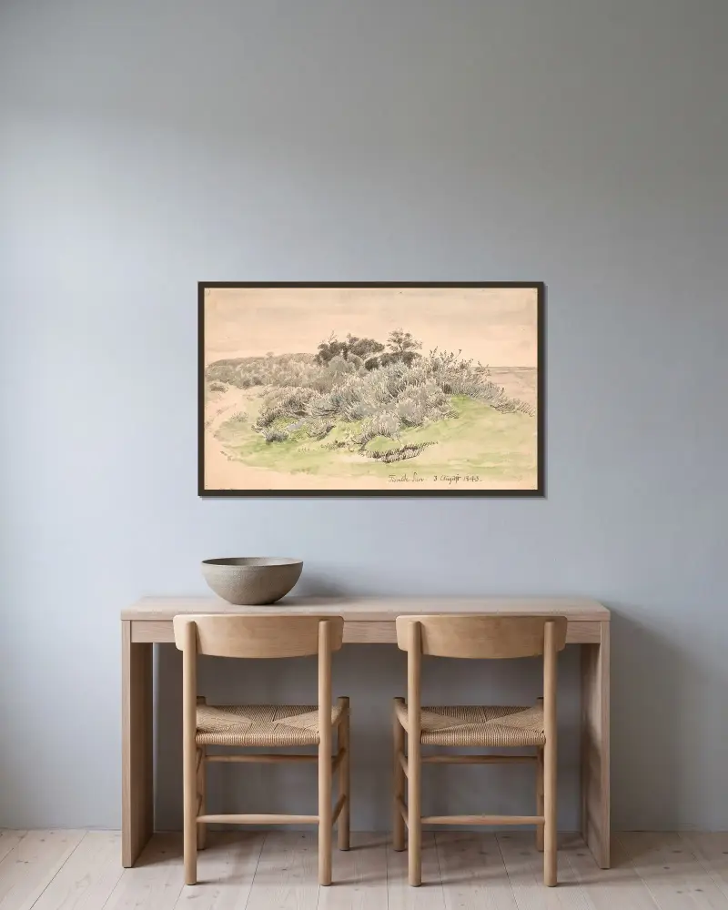 Landschaft mit Buschwerk von P. C. Skovgaard gerahmt an einer Wand