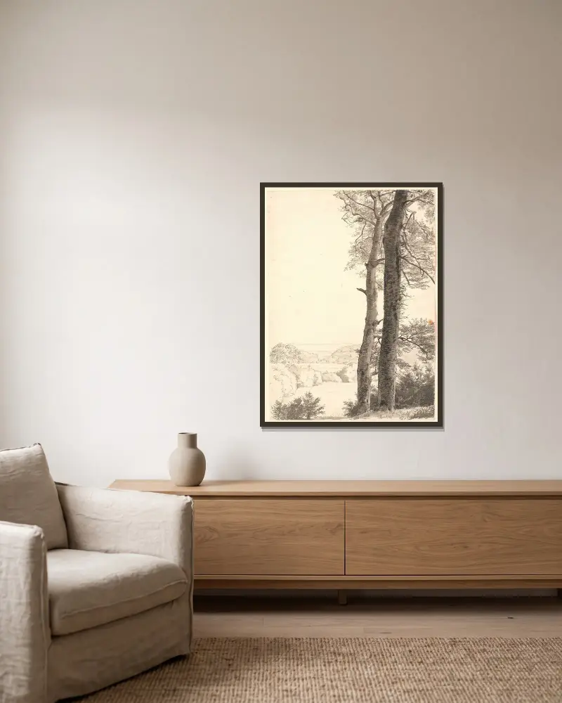 Landschaft bei Skarritsø mit zwei hohen Bäumen, Buchen, im Vordergrund von P. C. Skovgaard gerahmt an einer Wand
