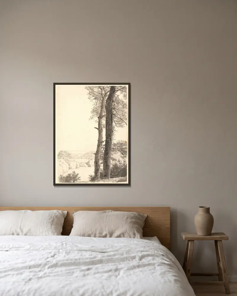 Landschaft bei Skarritsø mit zwei hohen Bäumen, Buchen, im Vordergrund von P. C. Skovgaard gerahmt an einer Wand