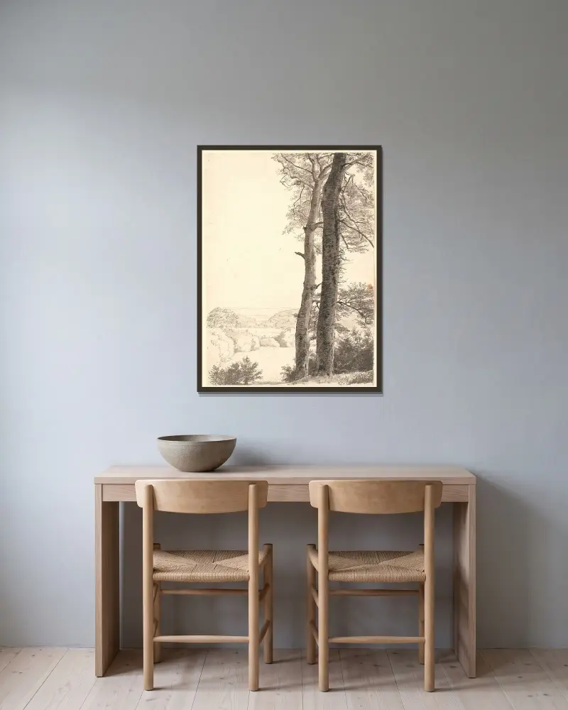 Landschaft bei Skarritsø mit zwei hohen Bäumen, Buchen, im Vordergrund von P. C. Skovgaard gerahmt an einer Wand