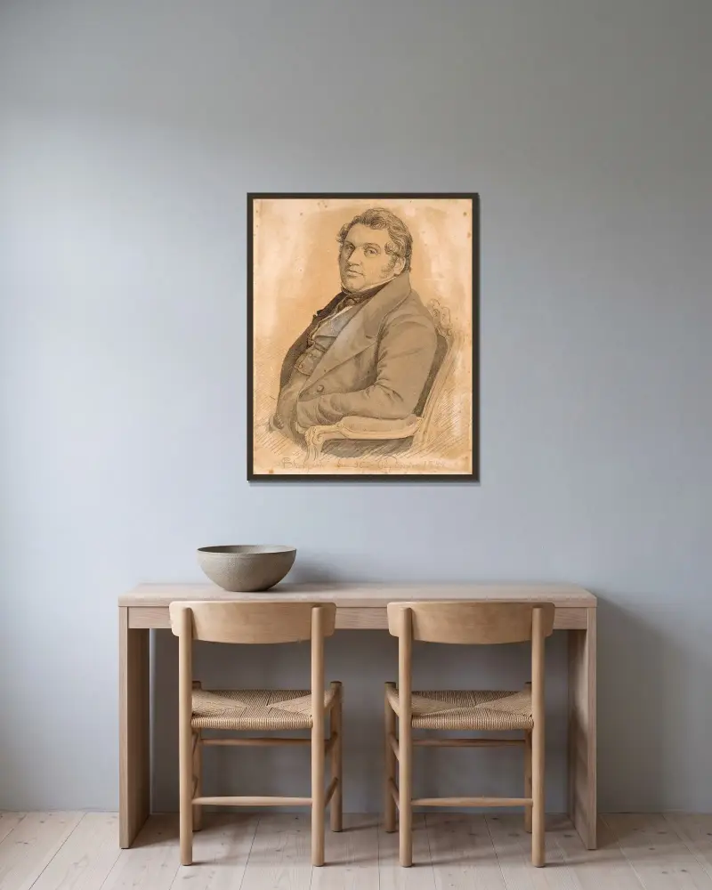 Porträtt av en sittande, korpulent man i halvfigur, trekvart profil mot vänster av P. C. Skovgaard inramad på en vägg