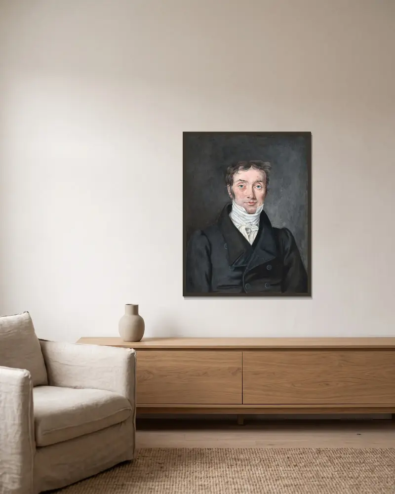 Porträtt av skollärare Hans Jensen Visby (1777–1870), från Aagerup, Ramløse socken av P. C. Skovgaard inramad på en vägg