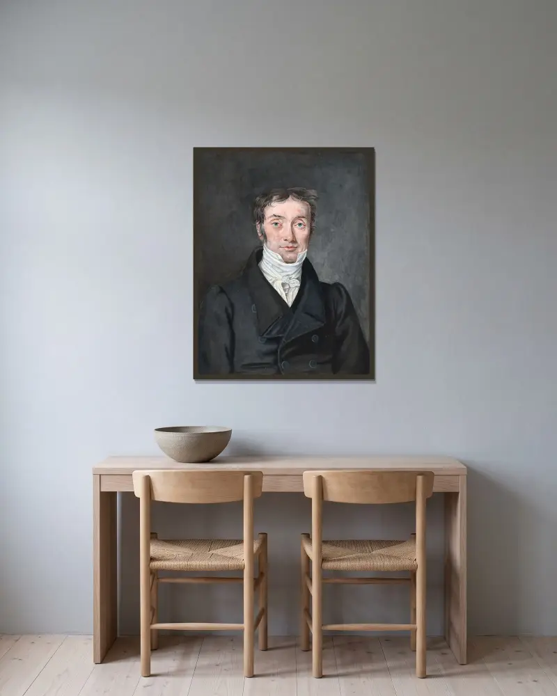 Porträtt av skollärare Hans Jensen Visby (1777–1870), från Aagerup, Ramløse socken av P. C. Skovgaard inramad på en vägg