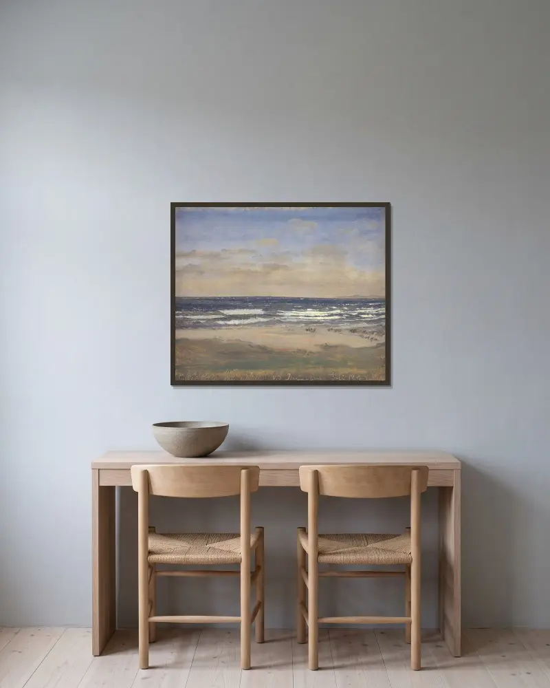 Stranden vid Rågeleje av P. C. Skovgaard inramad på en vägg