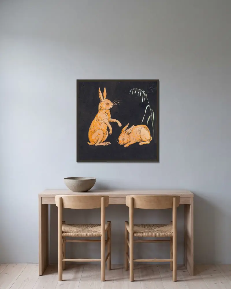 To harer (kaniner) på sort baggrund. Dekorativt udkast av P. C. Skovgaard inramad på en vägg
