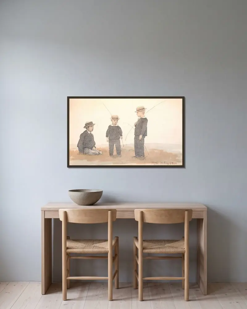 Tre pojkar med stråhattar av P. C. Skovgaard inramad på en vägg