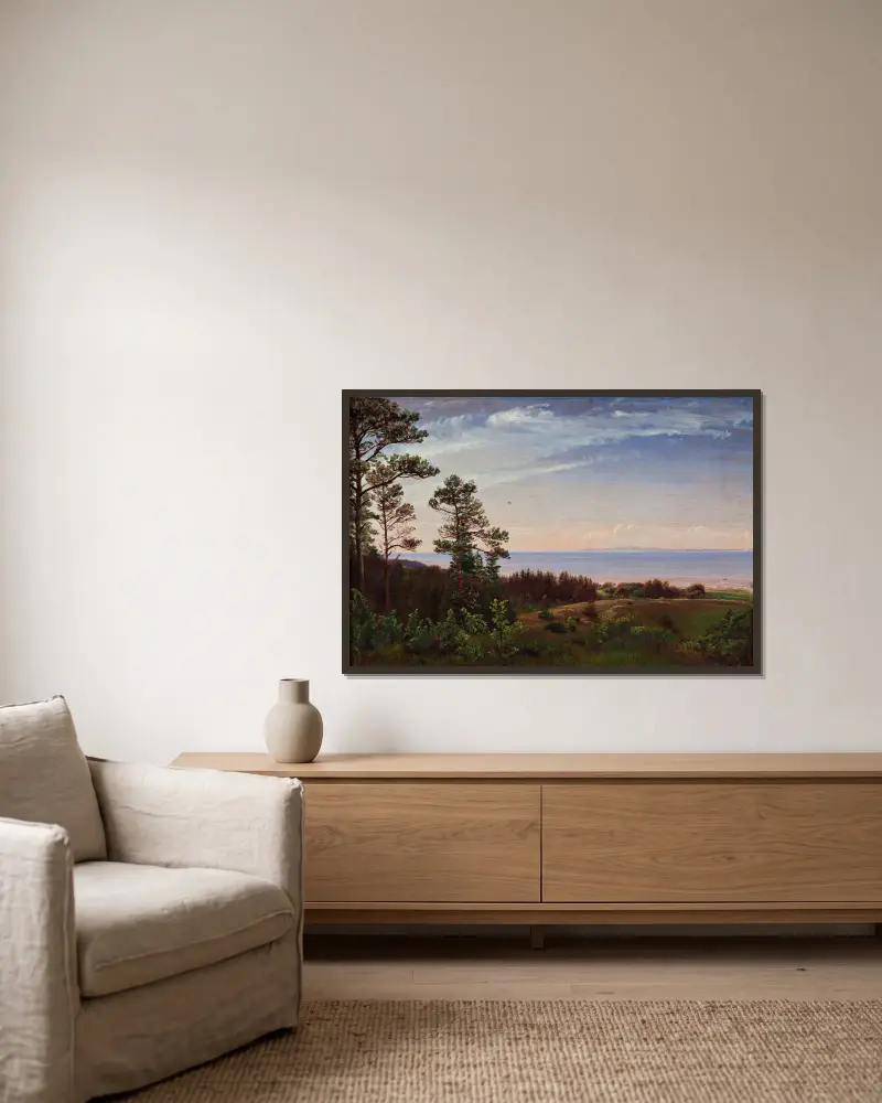 View from the northern coast of Zealand over Kattegat and Kullaberg av P. C. Skovgaard inramad på en vägg