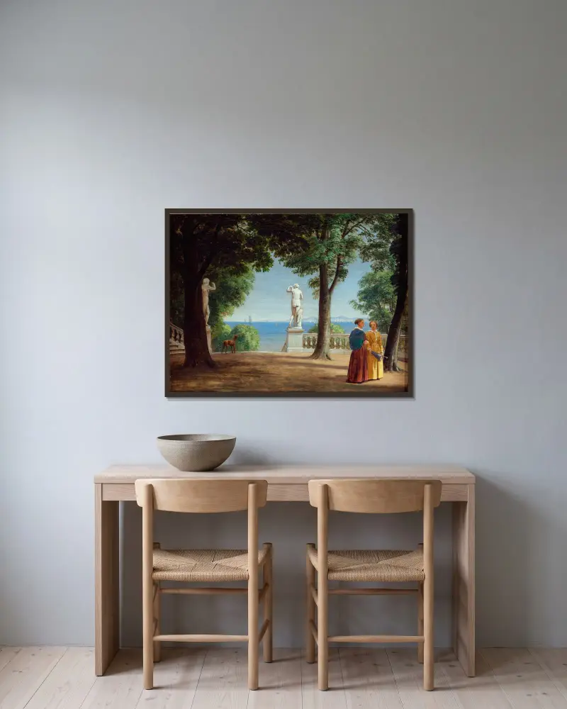 View towards Kullen from a garden terrace with statues av P. C. Skovgaard inramad på en vägg