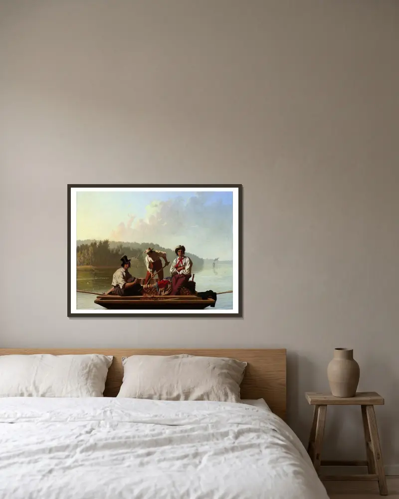 Boatmen on the Missouri av George Caleb Bingham inramad på en vägg