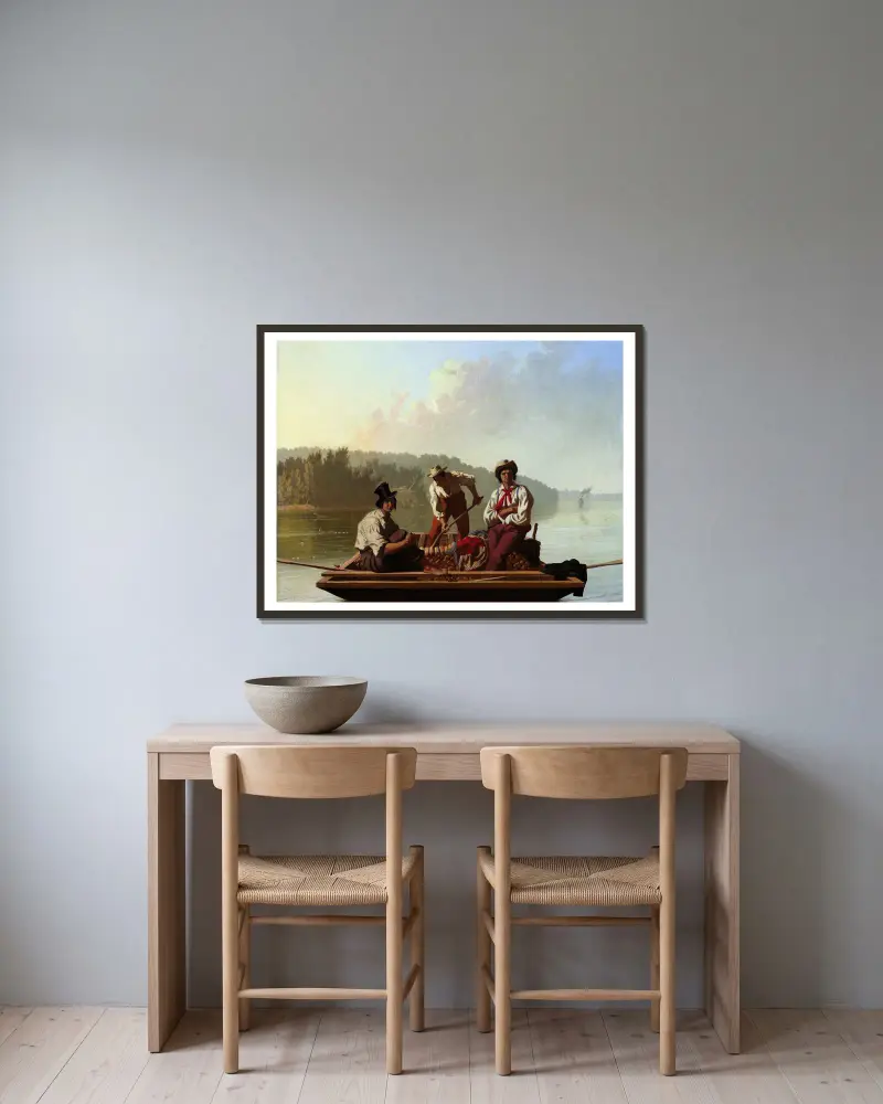 Boatmen on the Missouri av George Caleb Bingham inramad på en vägg