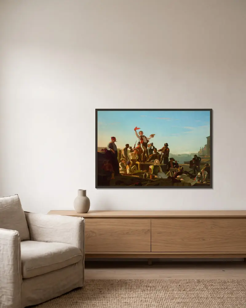 Fröhliche Floßmänner im Hafen von George Caleb Bingham gerahmt an einer Wand