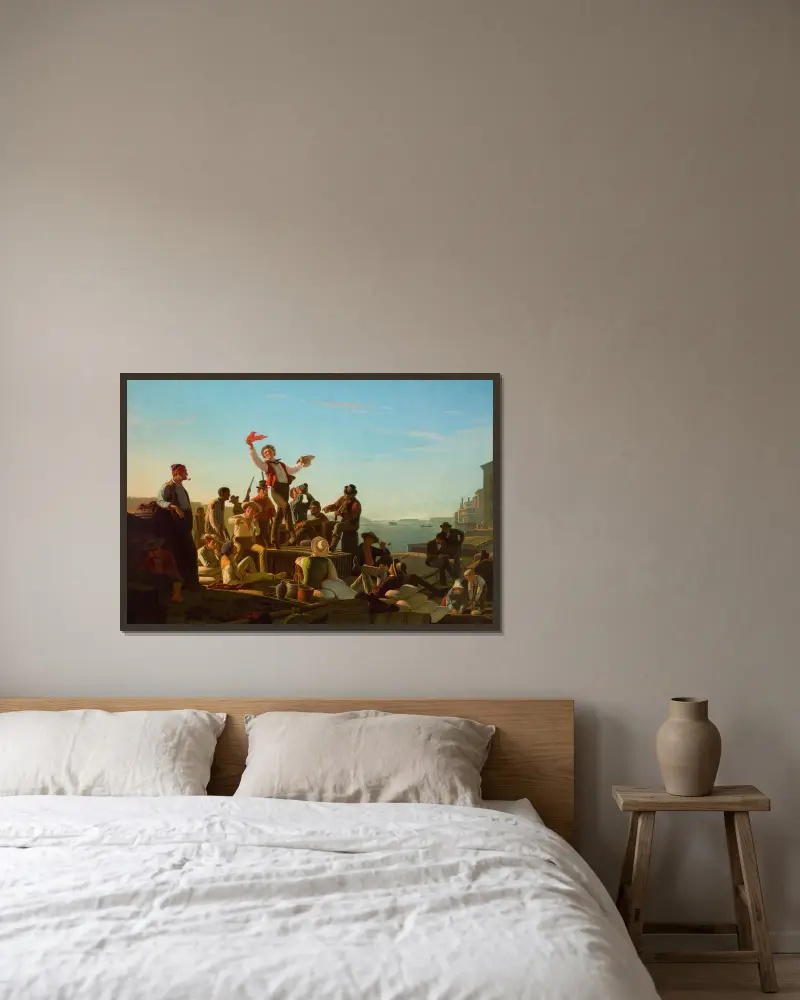 Fröhliche Floßmänner im Hafen von George Caleb Bingham gerahmt an einer Wand