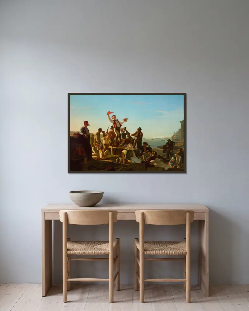 Fröhliche Floßmänner im Hafen von George Caleb Bingham gerahmt an einer Wand