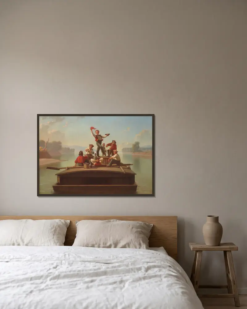 Der fröhliche Flachbootfahrer von George Caleb Bingham gerahmt an einer Wand