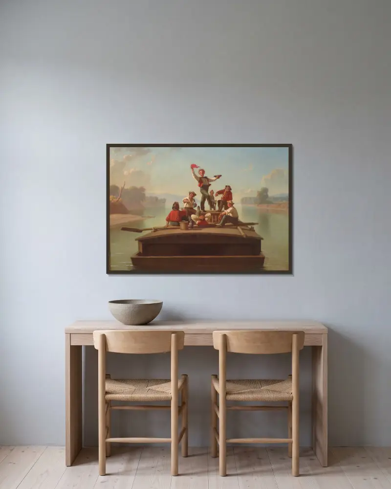 Der fröhliche Flachbootfahrer von George Caleb Bingham gerahmt an einer Wand